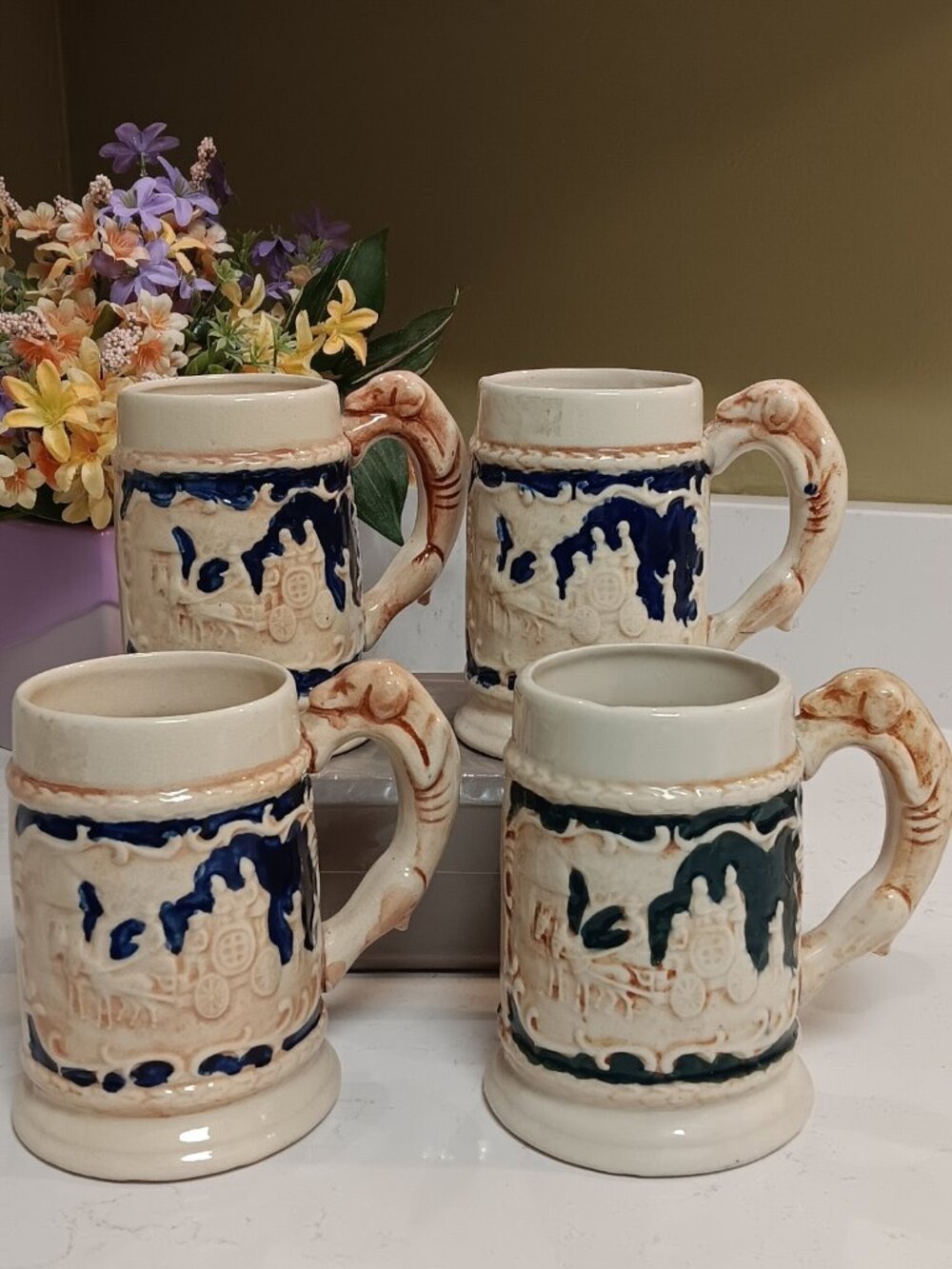Set of 4 Yamaka Beer Steins with Dog Handles - Made in Occupied Japan